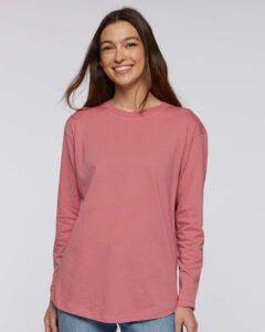 LAT 3508 Women’s Fine Jersey Long Sleeve Tee – Mauvelous (on model)