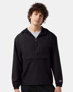 Champion CO200 Unisex Packable Anorak Jacket – Black (on model)