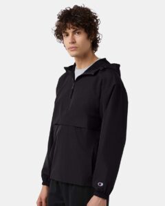 Champion CO200 Unisex Packable Anorak Jacket – Black (on model side)