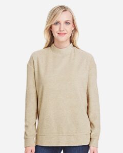 J. America 8428 Women’s Weekend Terry Mock Neck Pullover – Natural (on model)