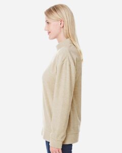 J. America 8428 Women’s Weekend Terry Mock Neck Pullover – Natural (on model side)