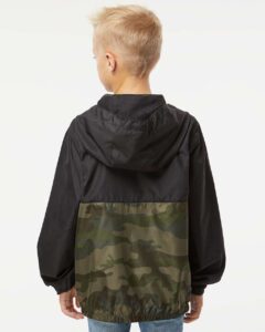 Independent Trading Co. EXP24YWZ Youth Lightweight Windbreaker Full-Zip Jacket – Black/ Forest Camo (on model back)