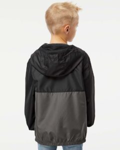 Independent Trading Co. EXP24YWZ Youth Lightweight Windbreaker Full-Zip Jacket – Black/ Graphite (on model back)