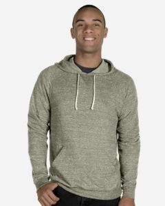 JERZEES 90MR Unisex Snow Heather French Terry Raglan Hooded Sweatshirt – Military Green (on model)