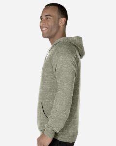 JERZEES 90MR Unisex Snow Heather French Terry Raglan Hooded Sweatshirt – Military Green (on model side)