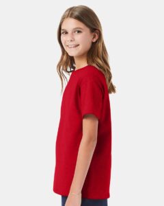 Hanes 5480 Youth Essential-T T-Shirt – Athletic Red (on model side)
