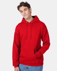 Hanes P170 Unisex EcoSmart® Hooded Sweatshirt – Athletic Red (on model)