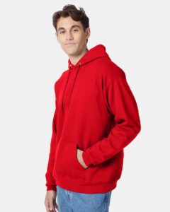 Hanes P170 Unisex EcoSmart® Hooded Sweatshirt – Athletic Red (on model side)