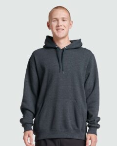 JERZEES 700MR Unisex Eco™ Premium Blend Ring-Spun Hooded Sweatshirt – Black Ink Heather (on model)