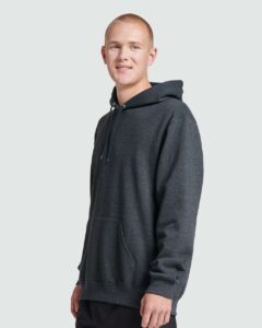 JERZEES 700MR Unisex Eco™ Premium Blend Ring-Spun Hooded Sweatshirt – Black Ink Heather (on model side)
