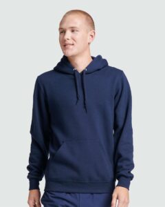 JERZEES 700MR Unisex Eco™ Premium Blend Ring-Spun Hooded Sweatshirt – J. Navy (on model)