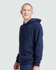 JERZEES 700MR Unisex Eco™ Premium Blend Ring-Spun Hooded Sweatshirt – J. Navy (on model side)