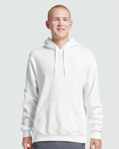 JERZEES 700MR Unisex Eco™ Premium Blend Ring-Spun Hooded Sweatshirt – White (on model)