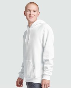JERZEES 700MR Unisex Eco™ Premium Blend Ring-Spun Hooded Sweatshirt – White (on model side)