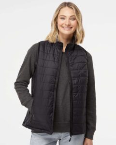 Independent Trading Co. EXP220PFV Women’s Puffer Vest – Black (on model)