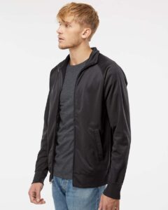 Independent Trading Co. EXP70PTZ Men’s Lightweight Poly-Tech Full-Zip Track Jacket – Black/ Black (on model side)