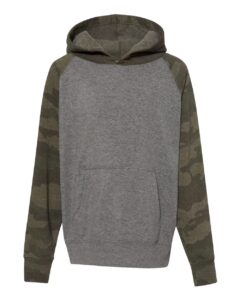 Independent Trading Co. PRM15YSB Youth Lightweight Special Blend Raglan Hooded Sweatshirt – Nickel Heather/ Forest Camo