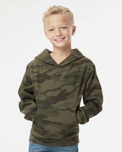 Independent Trading Co. SS4001Y Youth Midweight Hooded Sweatshirt – Forest Camo (on model)