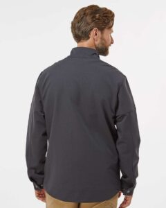 DRI DUCK 5327 Men’s Ace Woven Stretch Soft Shell Jacket – Charcoal (on model back)