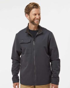DRI DUCK 5327 Men’s Ace Woven Stretch Soft Shell Jacket – Charcoal (on model)