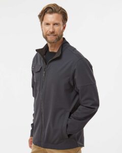 DRI DUCK 5327 Men’s Ace Woven Stretch Soft Shell Jacket – Charcoal (on model side)