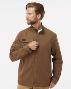 DRI DUCK 5327 Men’s Ace Woven Stretch Soft Shell Jacket – Field Khaki (on model)