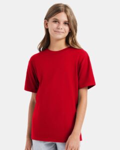 Hanes 498Y Youth Perfect-T T-Shirt – Athletic Red (on model)