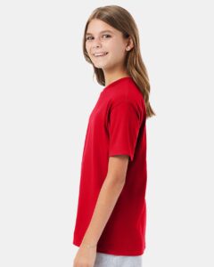 Hanes 498Y Youth Perfect-T T-Shirt – Athletic Red (on model side)