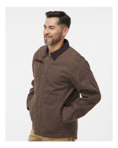 DRI DUCK 5091 Men’s Rambler Boulder Cloth Jacket – Tobacco (on model side)