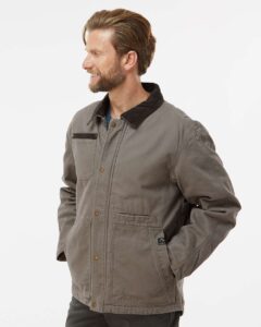 DRI DUCK 5091 Men’s Rambler Boulder Cloth Jacket – Gravel (on model side)