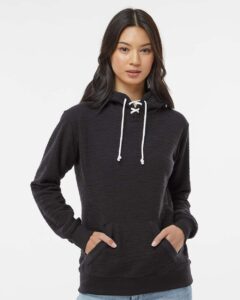J. America 8694 Women’s French Terry Sport Lace Scuba Hooded Sweatshirt – Black (on model)