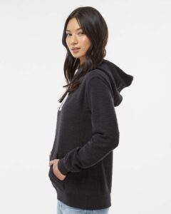 J. America 8694 Women’s French Terry Sport Lace Scuba Hooded Sweatshirt – Black (on model side)