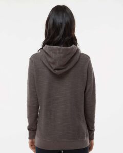 J. America 8694 Women’s French Terry Sport Lace Scuba Hooded Sweatshirt – Charcoal (on model back)