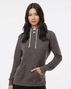 J. America 8694 Women’s French Terry Sport Lace Scuba Hooded Sweatshirt – Charcoal (on model)