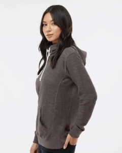 J. America 8694 Women’s French Terry Sport Lace Scuba Hooded Sweatshirt – Charcoal (on model side)