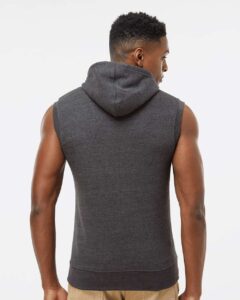 J. America 8877 Men’s Triblend Sleeveless Hooded Sweatshirt – Black Triblend (on model back)