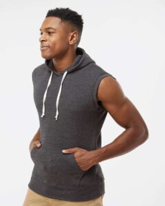 J. America 8877 Men’s Triblend Sleeveless Hooded Sweatshirt – Black Triblend (on model side)