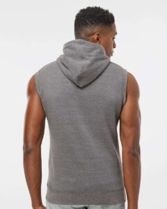 J. America 8877 Men’s Triblend Sleeveless Hooded Sweatshirt – Smoke Triblend (on model back)