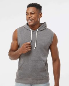 J. America 8877 Men’s Triblend Sleeveless Hooded Sweatshirt – Smoke Triblend (on model)