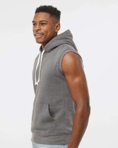 J. America 8877 Men’s Triblend Sleeveless Hooded Sweatshirt – Smoke Triblend (on model side)