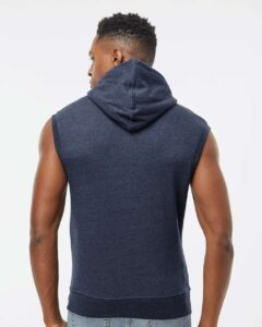 J. America 8877 Men’s Triblend Sleeveless Hooded Sweatshirt – True Navy Triblend (on model back)