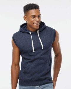 J. America 8877 Men’s Triblend Sleeveless Hooded Sweatshirt – True Navy Triblend (on model)
