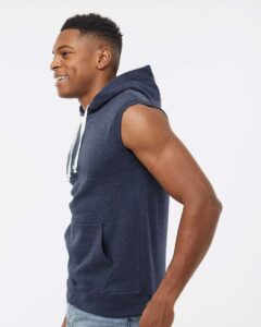 J. America 8877 Men’s Triblend Sleeveless Hooded Sweatshirt – True Navy Triblend (on model side)