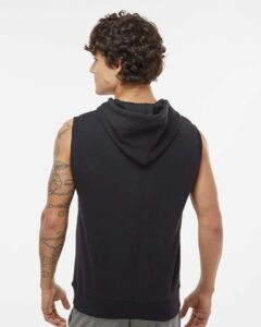 J. America 8877 Men’s Triblend Sleeveless Hooded Sweatshirt – Solid Black (on model back)
