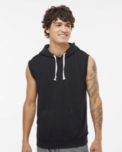 J. America 8877 Men’s Triblend Sleeveless Hooded Sweatshirt – Solid Black (on model)