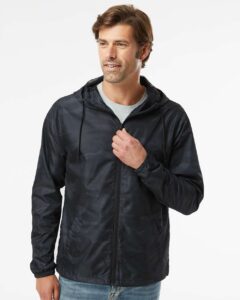 Independent Trading Co. EXP54LWZ Men’s Lightweight Windbreaker Full-Zip Jacket – Black Camo (on model)