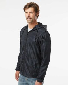 Independent Trading Co. EXP54LWZ Men’s Lightweight Windbreaker Full-Zip Jacket – Black Camo (on model side)