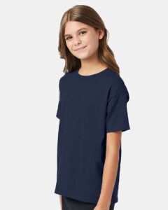 Hanes 5370 Youth EcoSmart® T-Shirt – Heather Navy (on model side)