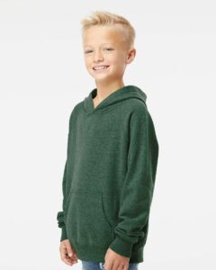 Independent Trading Co. PRM15YSB Youth Lightweight Special Blend Raglan Hooded Sweatshirt – Moss (on model side)