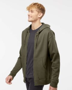 Independent Trading Co. SS4500Z Unisex Midweight Full-Zip Hooded Sweatshirt – Army (on model side)